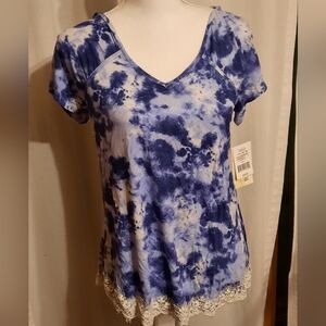 New Rewind Blue Tie-Dye Women's Top with Lace Trim
